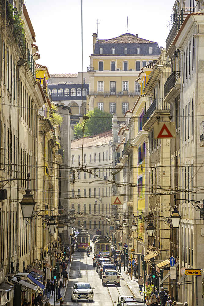 View of vintage trams in Alfama, Alfama District, Lisbon, Portugal, Europe