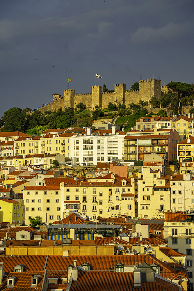 View of Lisbon Castle from Santa Justa Lift during golden hour, Lisbon, Portugal, Europe
