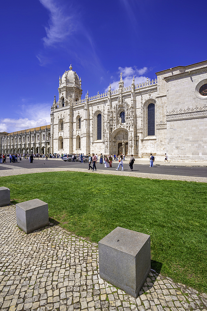 View of Jerónimos Monastery (Monastery of the Hieronymites) on a sunny day, Lisbon, Portugal, Europe