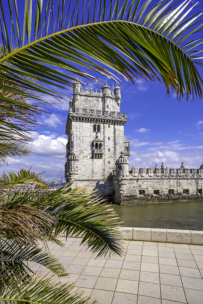 View of Belém Tower (Torre de Belém) on a sunny day, Lisbon, Portugal, Europe