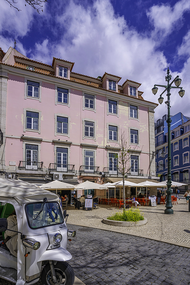 View of colourful architecture and cafes in PC Duque da Terceira on a sunny day, Lisbon, Portugal, Europe