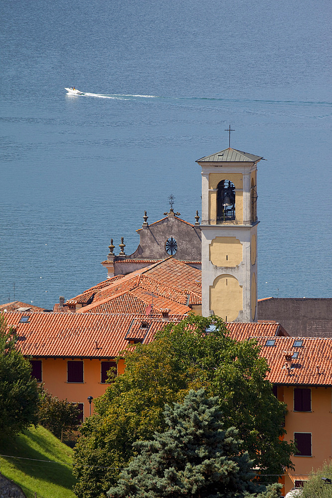 Church belltower, Sulzano, Lake Iseo, Lombardy, Italian Lakes, Italy, Europe