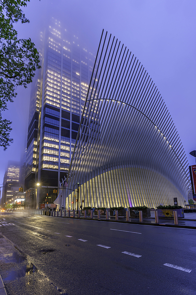 View of exterior of the Oculus transportation hub at the World Trade Center at dusk in Lower Manhattan, New York City, United States of America, North America