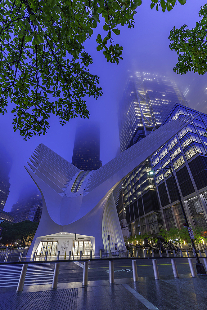 View of exterior of the Oculus transportation hub at the World Trade Center at dusk in Lower Manhattan, New York City, United States of America, North America