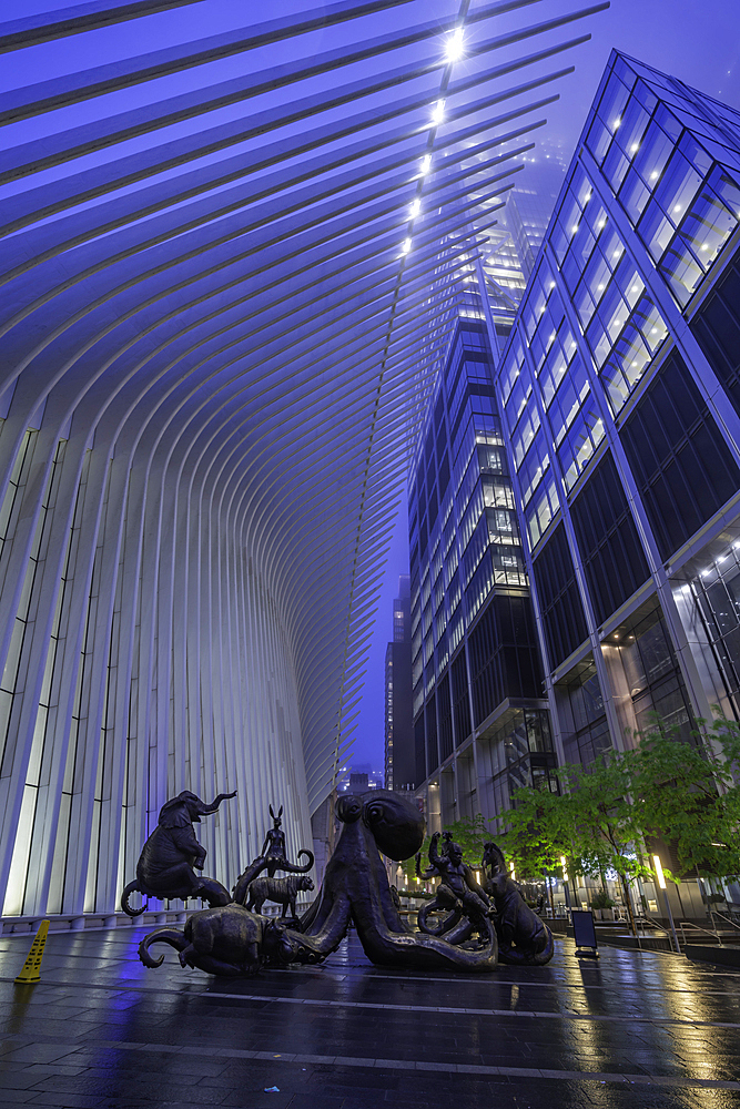 View of exterior of the Oculus transportation hub at the World Trade Center at dusk in Lower Manhattan, New York City, United States of America, North America