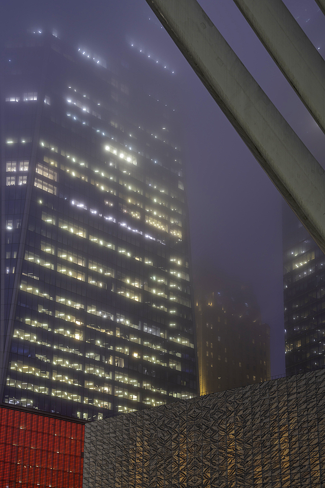 View of exterior of the Oculus transportation hub at the World Trade Center at dusk in Lower Manhattan, New York City, United States of America, North America