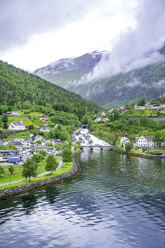Aerial view of Hellesylt, Sunnylvsfjorden, Stranda Municipality, Norway, Scandinavia, Europe