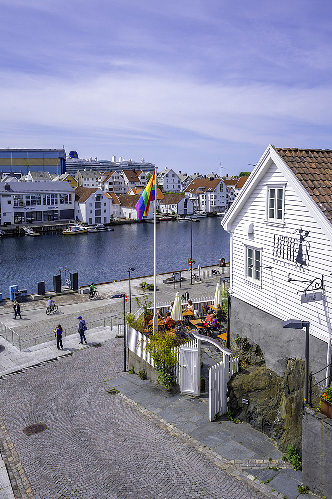 View of waterside restaurant in Haugesund from Risøy Bridge on a sunny day, Haugesund, Rogaland County, Norway, Scandinavia, Europe