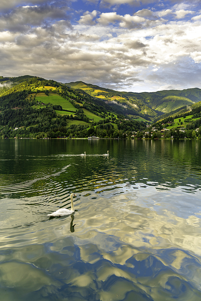 View of mountains and Lake Zell during golden hour, Zell am See, Salzburg, Austria, Europe