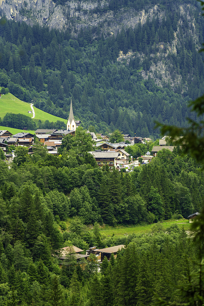 View of Oberkrimml from Krimml Waterfalls during summer, Krimml Waterfalls, Hohe Tauern National Park, Salzburger Land, Austria, Europe