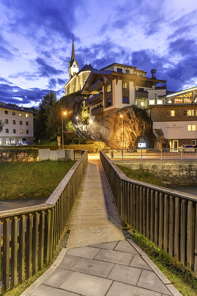 View of church in Kaprun at dusk during summer, Kaprun, Zell am See, Salzburg, Austria, Europe