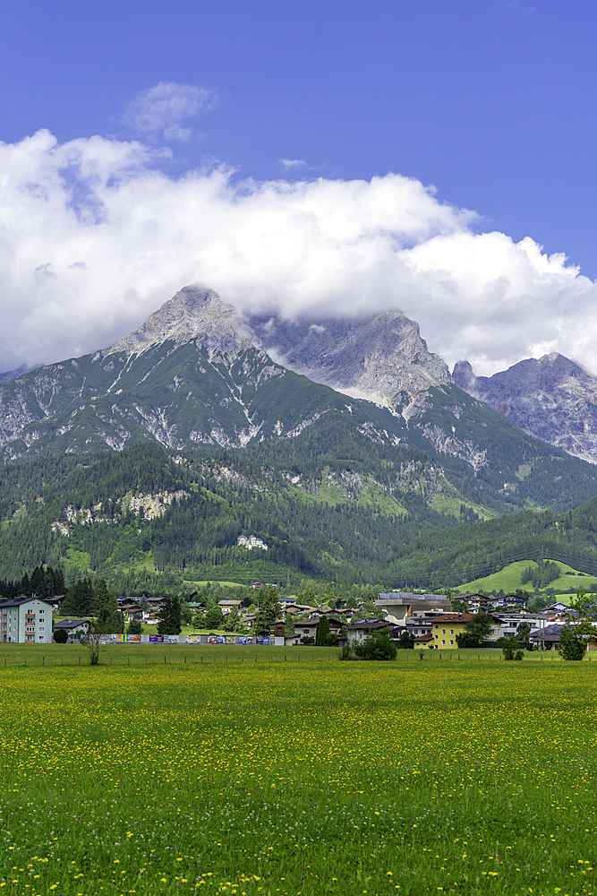 View of landscape near Saalfelden on a sunny day, Zell am See, Salzburg, Austria, Europe
