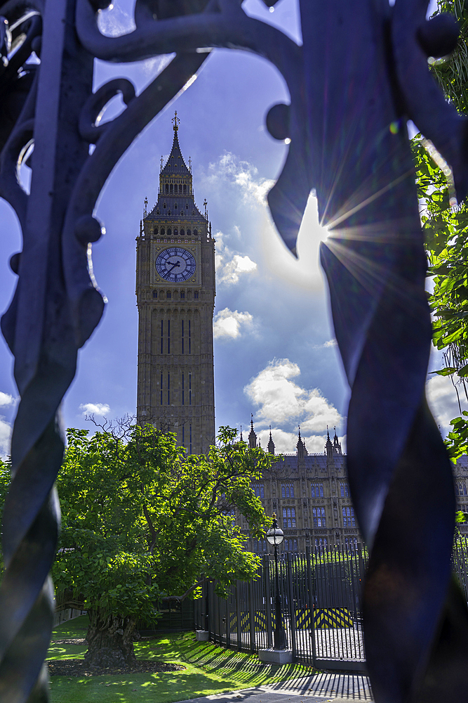 View of Big Ben clock tower in Parliament Square during summer, Westminster, London, England, United Kingdom, Europe