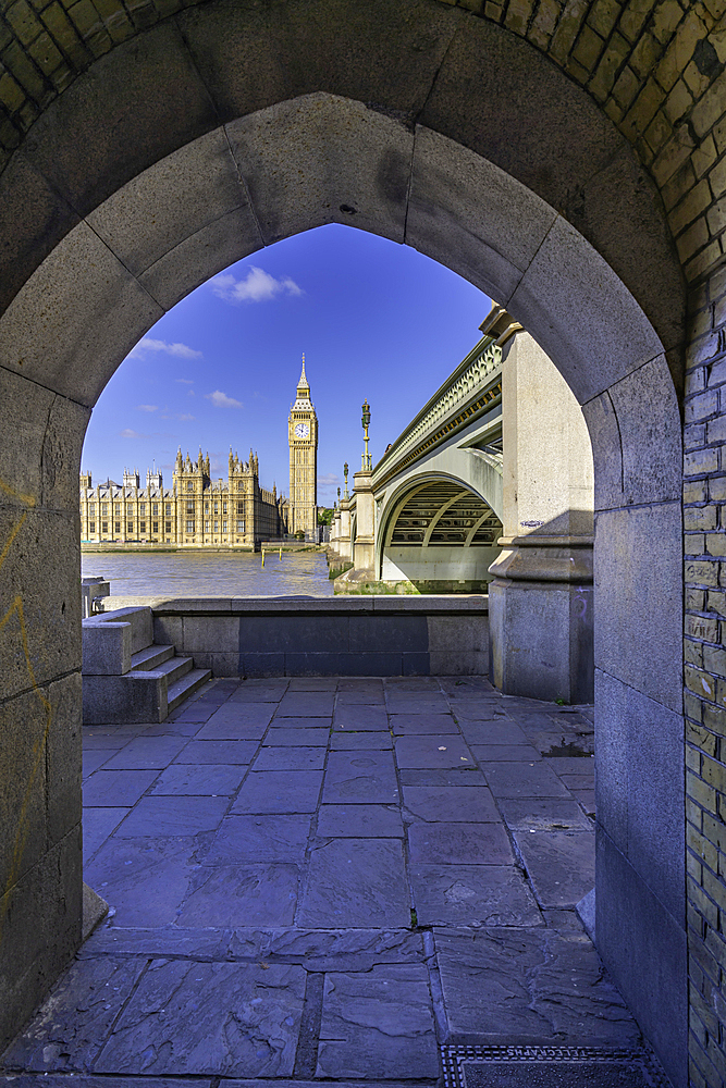 View of Houses of Parliament and Westminster Bridge during summer, Westminster, London, England, United Kingdom, Europe
