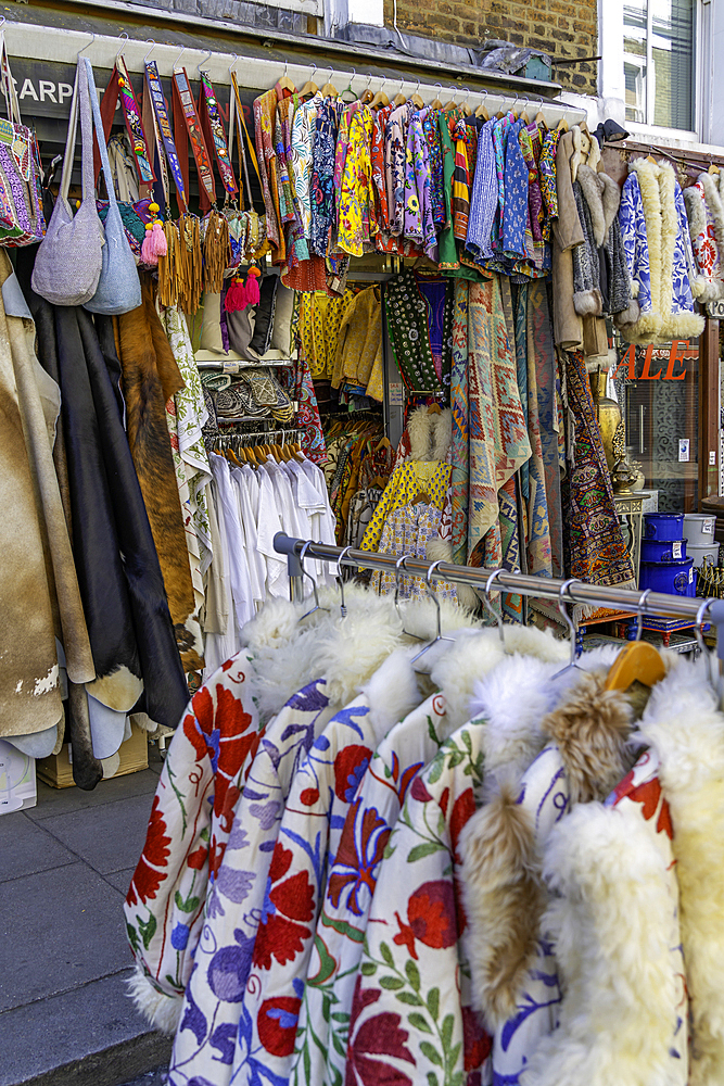 View of shop in Portobello Road during summer, Kensington, London, England, United Kingdom, Europe