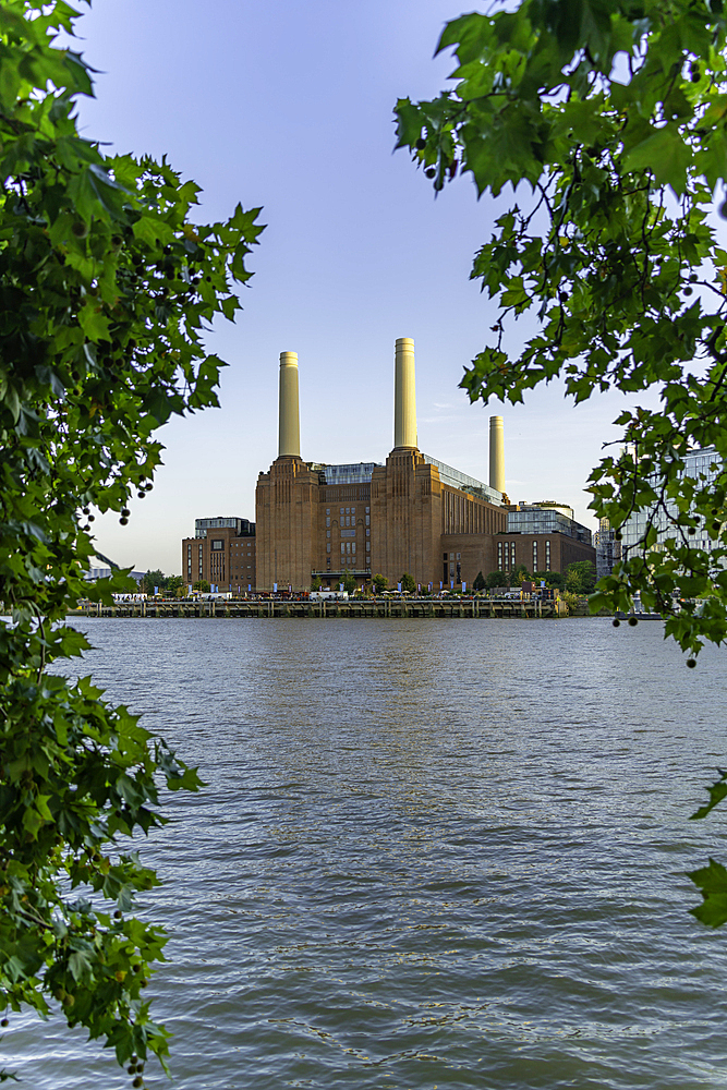 View of Battersea Power Station and river Thames during summer, Nine Elms, London, England, United Kingdom, Europe