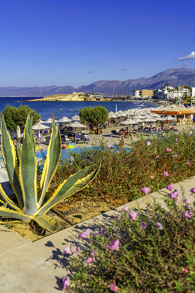 View of Akti Navarchou Nearchou Beach in Limenas Chersonisou, Crete, Greek Islands, Greece, Europe