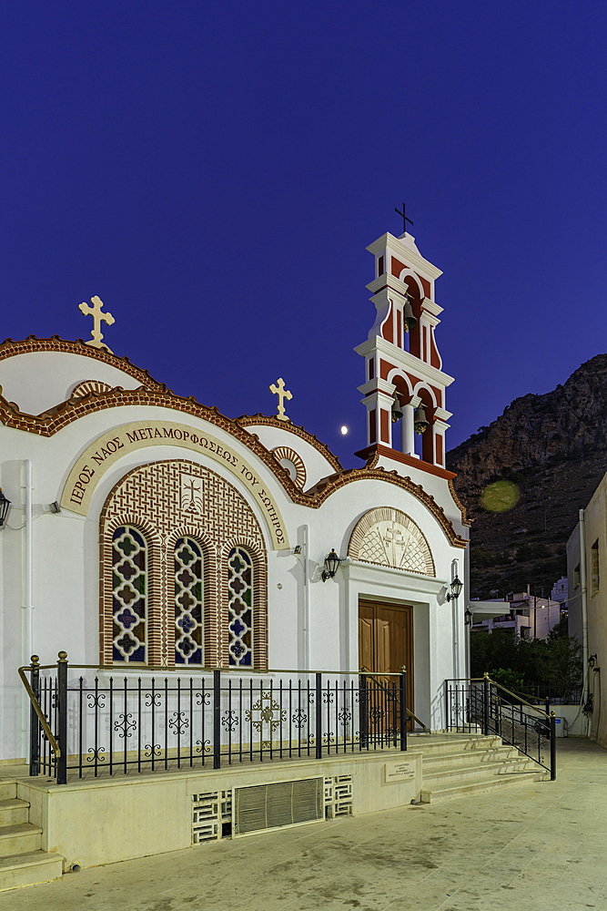 View of Church of the Metamorphosis of the Savior in Piskopiano village at dusk, Piskopiano, Crete, Greek Islands, Greece, Europe