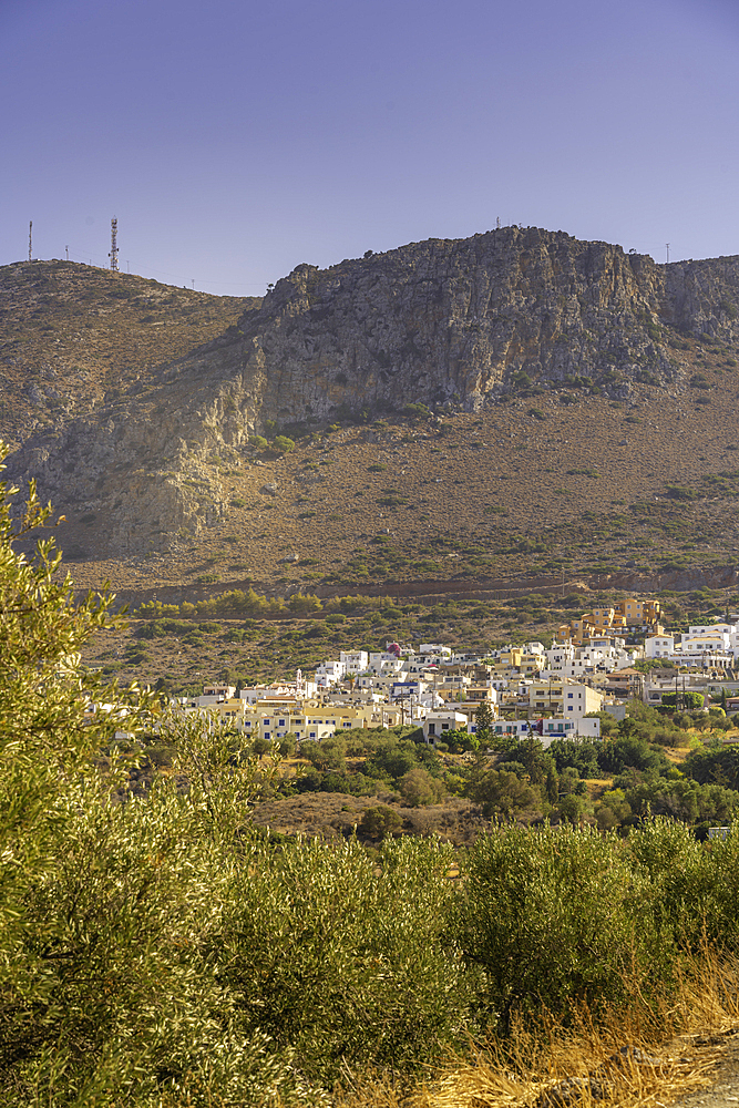 View of olive trees, mountains and Piskopiano village, Piskopiano, Crete, Greek Islands, Greece, Europe