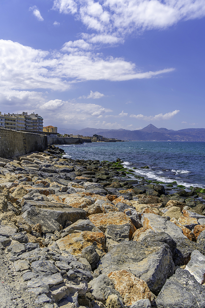 View of coastline in Heraklion on a sunny day, City of Heraklion, Crete, Greek Islands, Geece, Europe