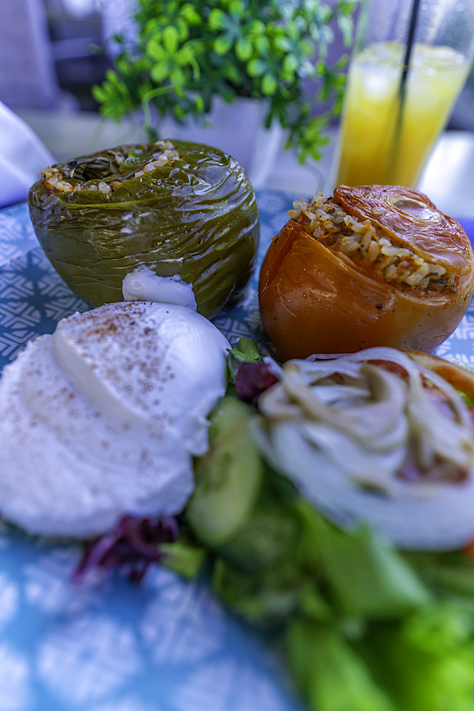 View of traditional stuffed peper and tomato, City of Heraklion, Crete, Greek Islands, Geece, Europe