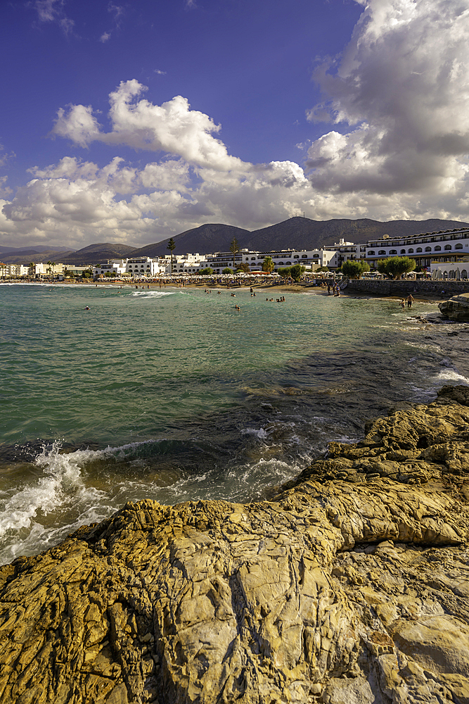 View of Akti Navarchou Nearchou Beach in Limenas Chersonisou, Crete, Greek Islands, Greece, Europe