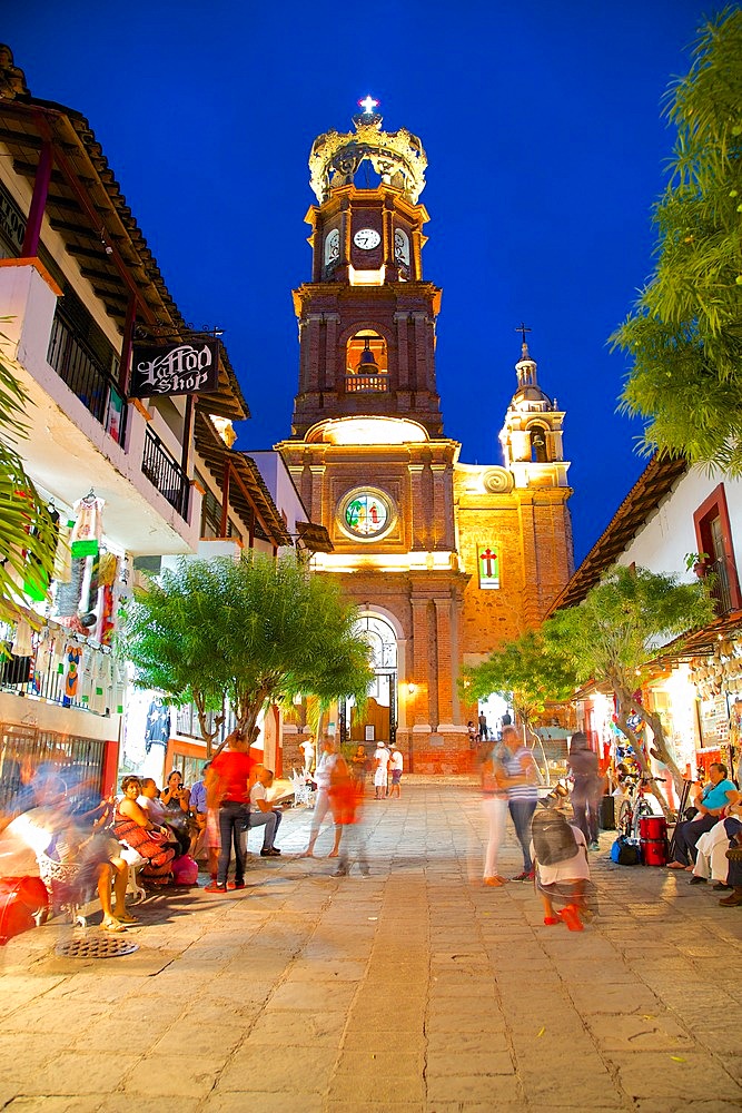 View of Parroquia de Guadalupe (Church of Our Lady of Guadalupe) at dusk, Downtown, Puerto Vallarta, Jalisco, Mexico, North America