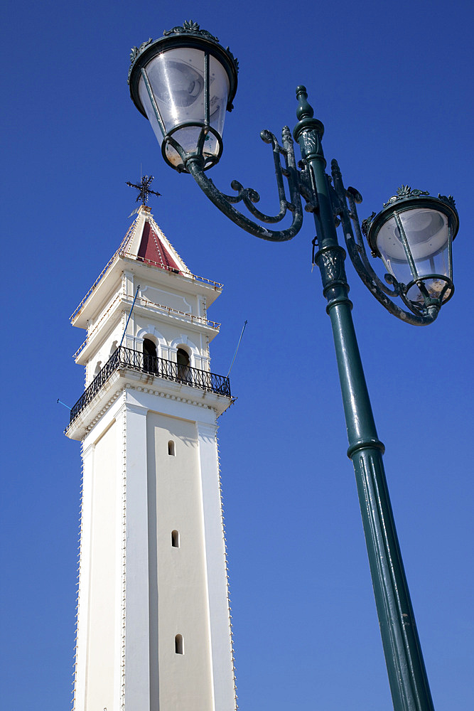 Church tower and lamp, Zakynthos Town, Zakynthos, Ionian Islands, Greek Islands, Greece, Europe