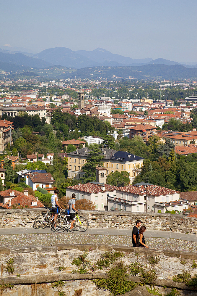 View of Lower Town from Upper Town Wall, Bergamo, Lombardy, Italy, Europe