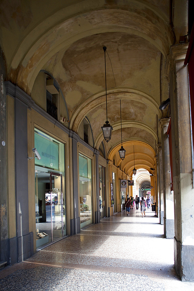 Arcade and shops, Bologna, Emilia-Romagna, Italy, Europe