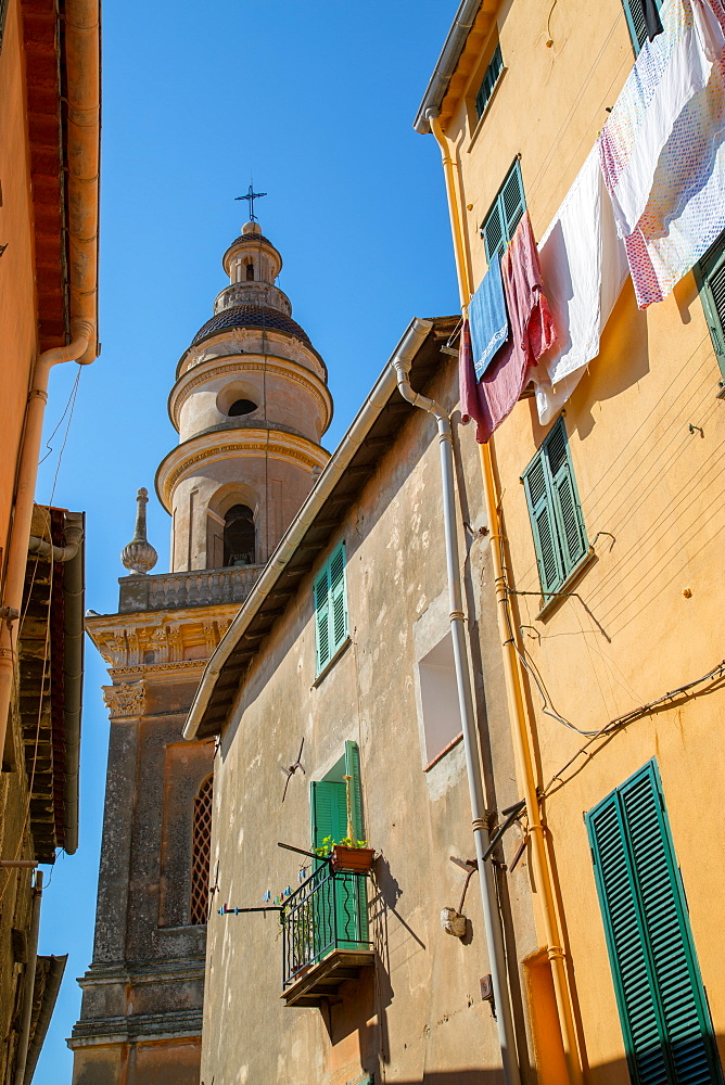 View of medieval Basilique Saint Michel, Menton, Alpes-Maritimes, Cote d'Azur, Provence, French Riviera, France, Mediterranean, Europe