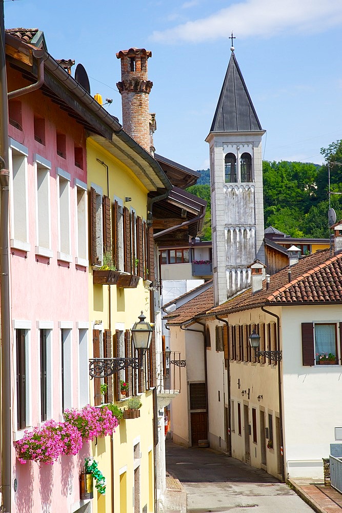 View of street and belltower in the town of Belluno, Province of Belluno, Veneto, Italy, Europe