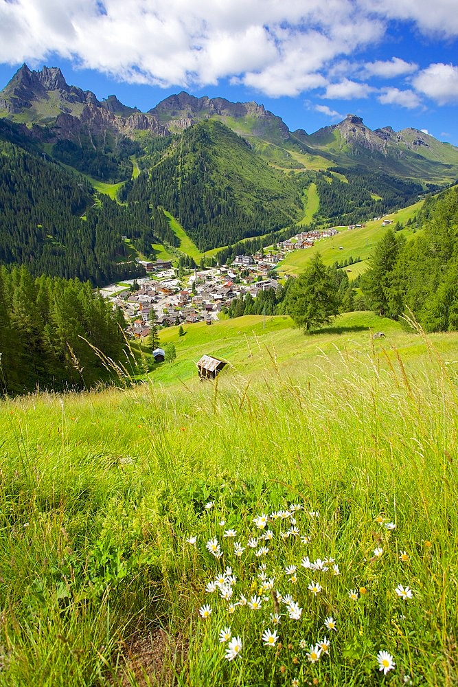 View over town, Arabba, Belluno Province, Trento, Dolomites, Italy, Europe