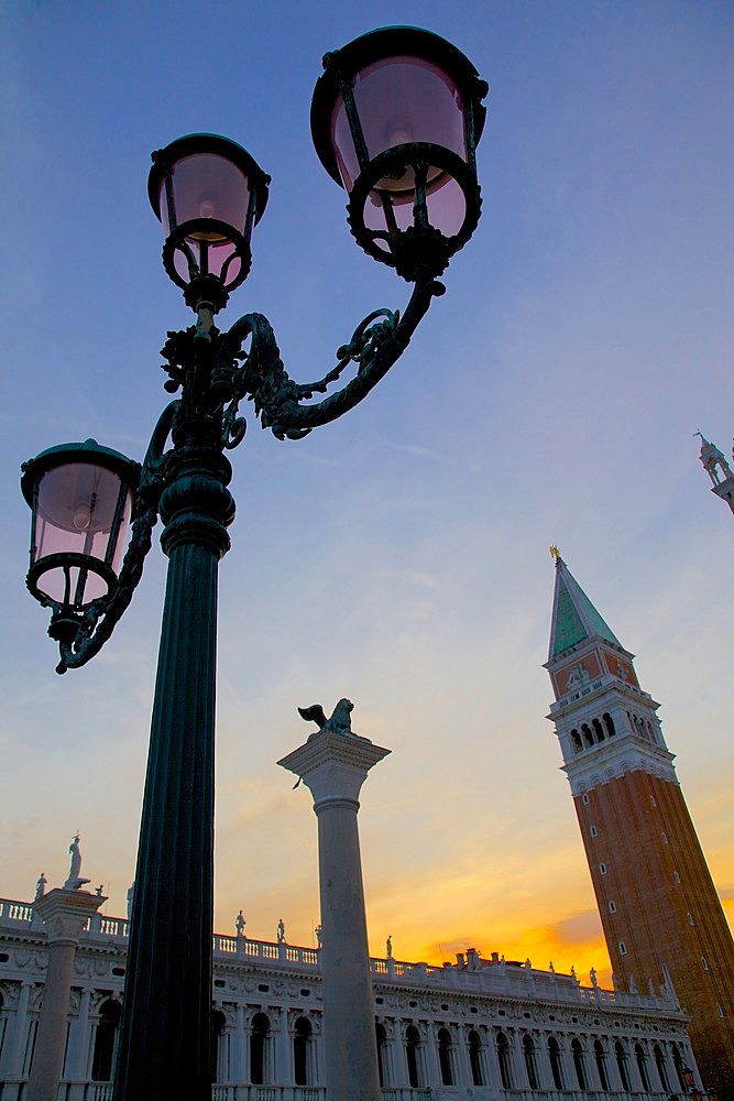 View of the Campanile at dusk, Piazza San Marco, Venice, UNESCO World Heritage Site, Veneto, Italy, Europe