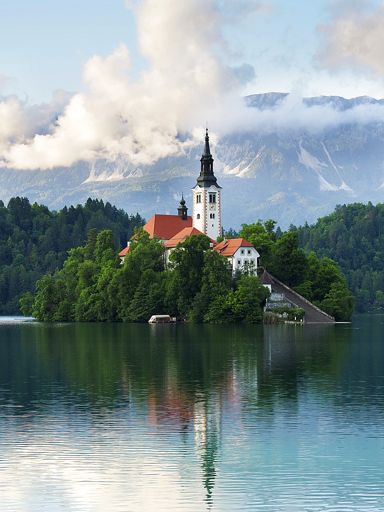 Bled Island from the Shore of Lake Bled on a summer evening, Slovenia, Europe