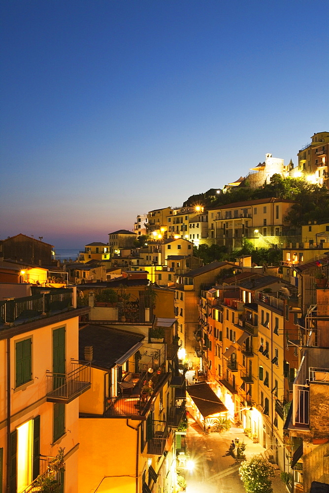 Via Colombo at dusk in Riomaggiore, Cinque Terre, UNESCO World Heritage Site, Liguria, Italy, Mediterranean, Europe 