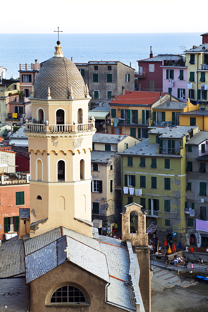 Santa Margherita Church and colourful buildings at dusk, Vernazza, Cinque Terre, UNESCO World Heritage Site, Liguria, Italy, Mediterranean, Europe 