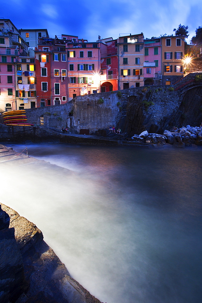 Riomaggiore Harbour at dusk, Cinque Terre, UNESCO World Heritage Site, Liguria, Italy, Mediterranean, Europe