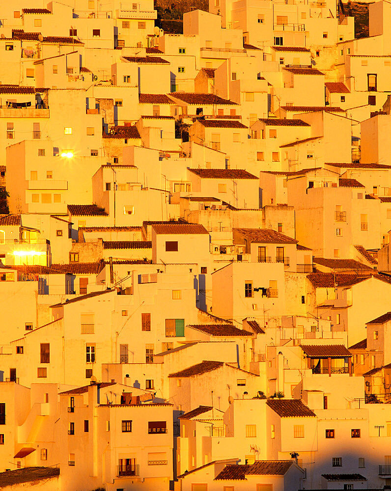 White Andalucian village at sunset, Casares, Andalucia, Spain, Europe