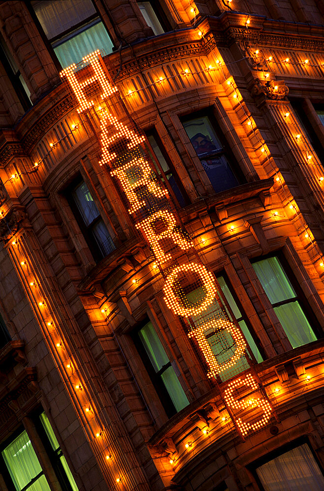 Harrods sign, Knightsbridge, London, England, United Kingdom, Europe