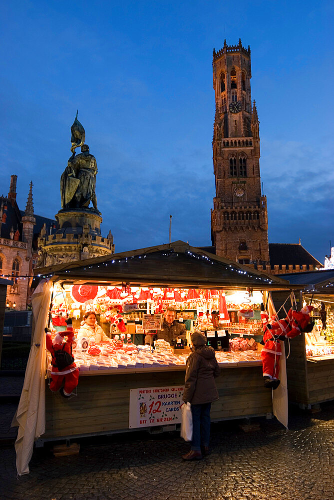 Christmas Market in the Market Square with Belfry behind, Bruges, West Vlaanderen (Flanders), Belgium, Europe