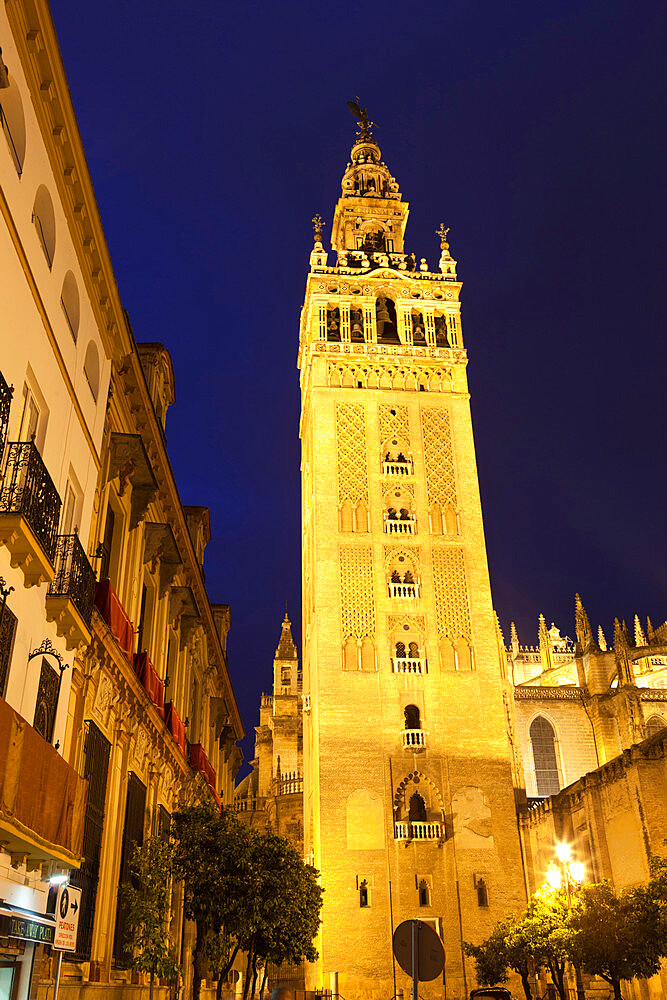 The Giralda at night, UNESCO World Heritage Site, Seville, Andalucia, Spain, Europe