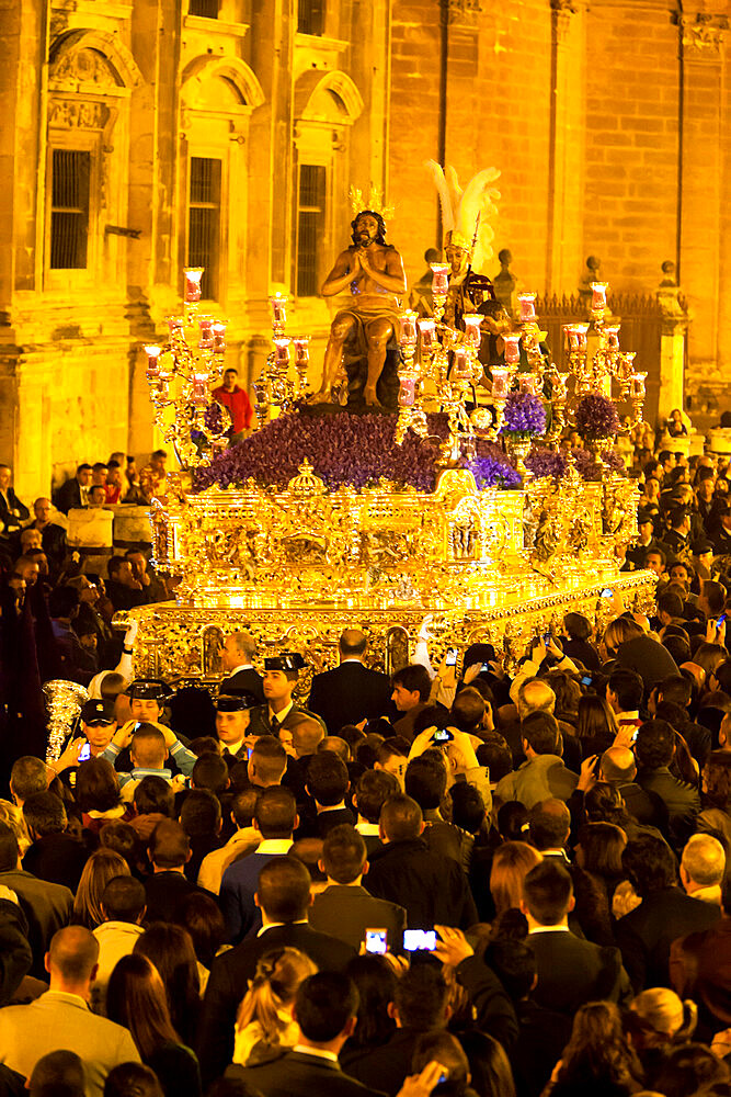 Semana Santa (Holy Week) float (pasos) with image of Christ outside the cathedral, Seville, Andalucia, Spain, Europe