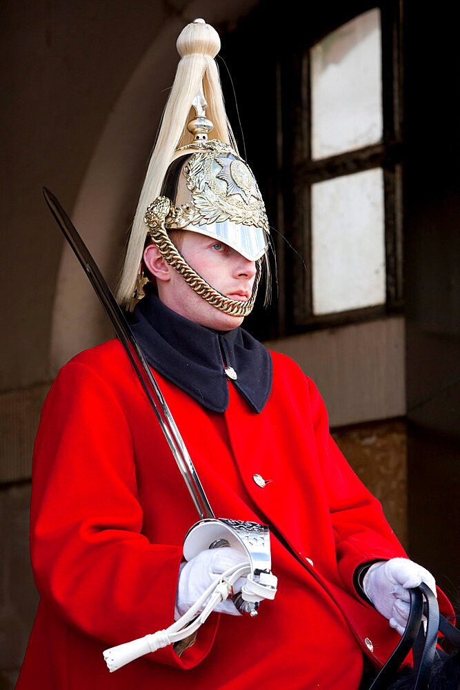 Mounted Household Cavalry guard outside entrance to Horseguards Parade, Whitehall, London, England, United Kingdom, Europe