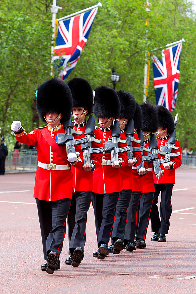 Irish Guards marching along The Mall, London, England, United Kingdom, Europe