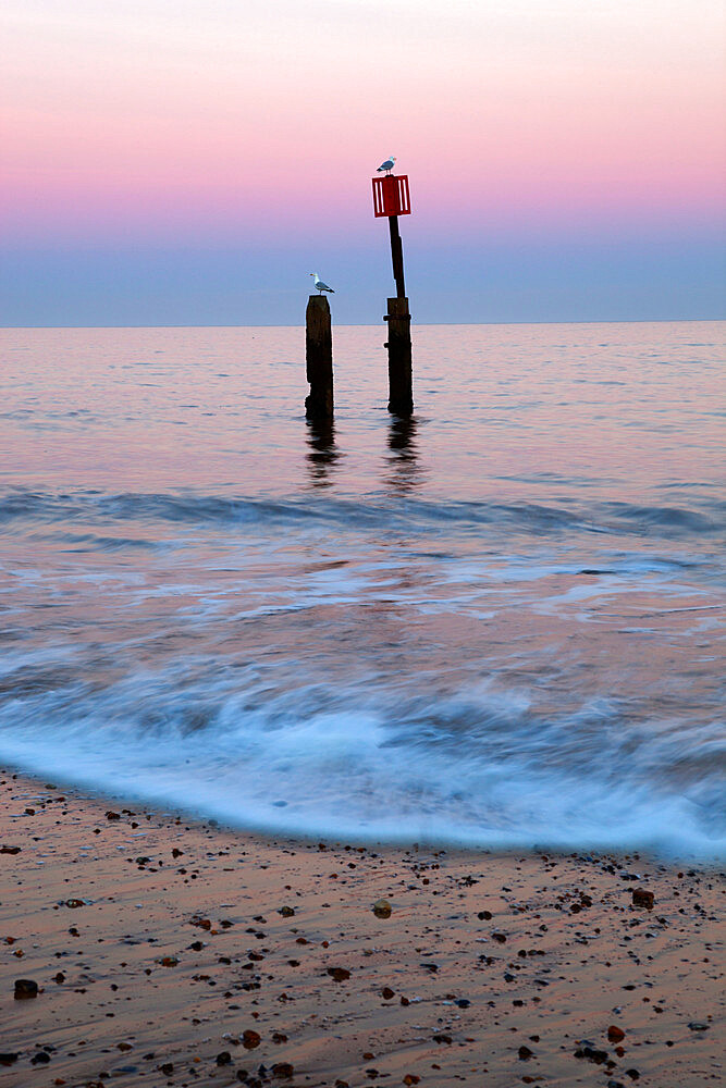 Seascape with wooden posts, Southwold, Suffolk, England, United Kingdom, Europe