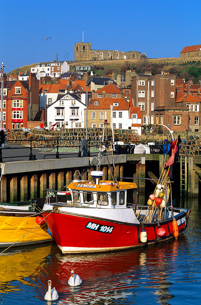 View over fishing harbour to St. Mary's Church, Whitby, Yorkshire, England, United Kingdom, Europe