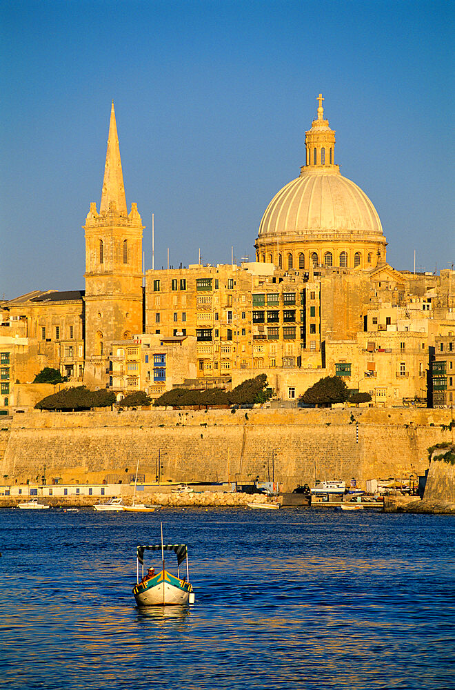 View at sunset to Valletta with Dome of Carmelite Church, Valletta, Malta, Mediterranean, Europe