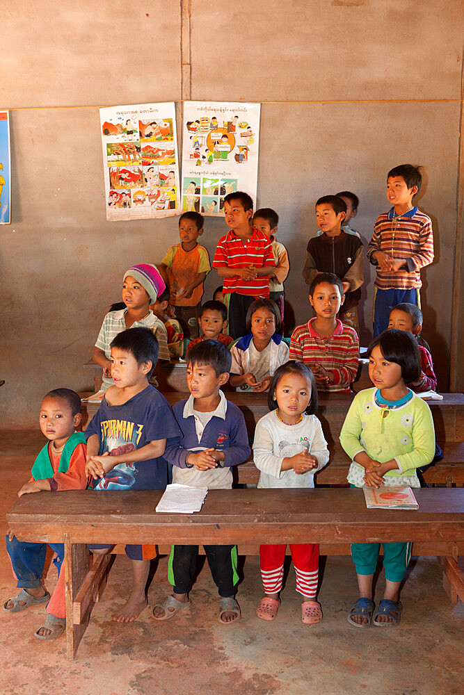 School children from Akha hill village, near Kengtung, Shan State, Myanmar (Burma), Asia