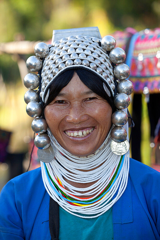 Loimi-Akha woman with silver balled headdress, near Kengtung, Shan State, Myanmar (Burma), Asia